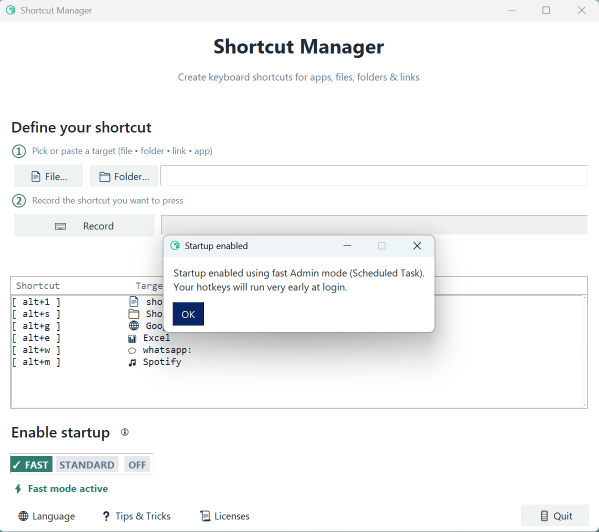 Create shortcut — choose target